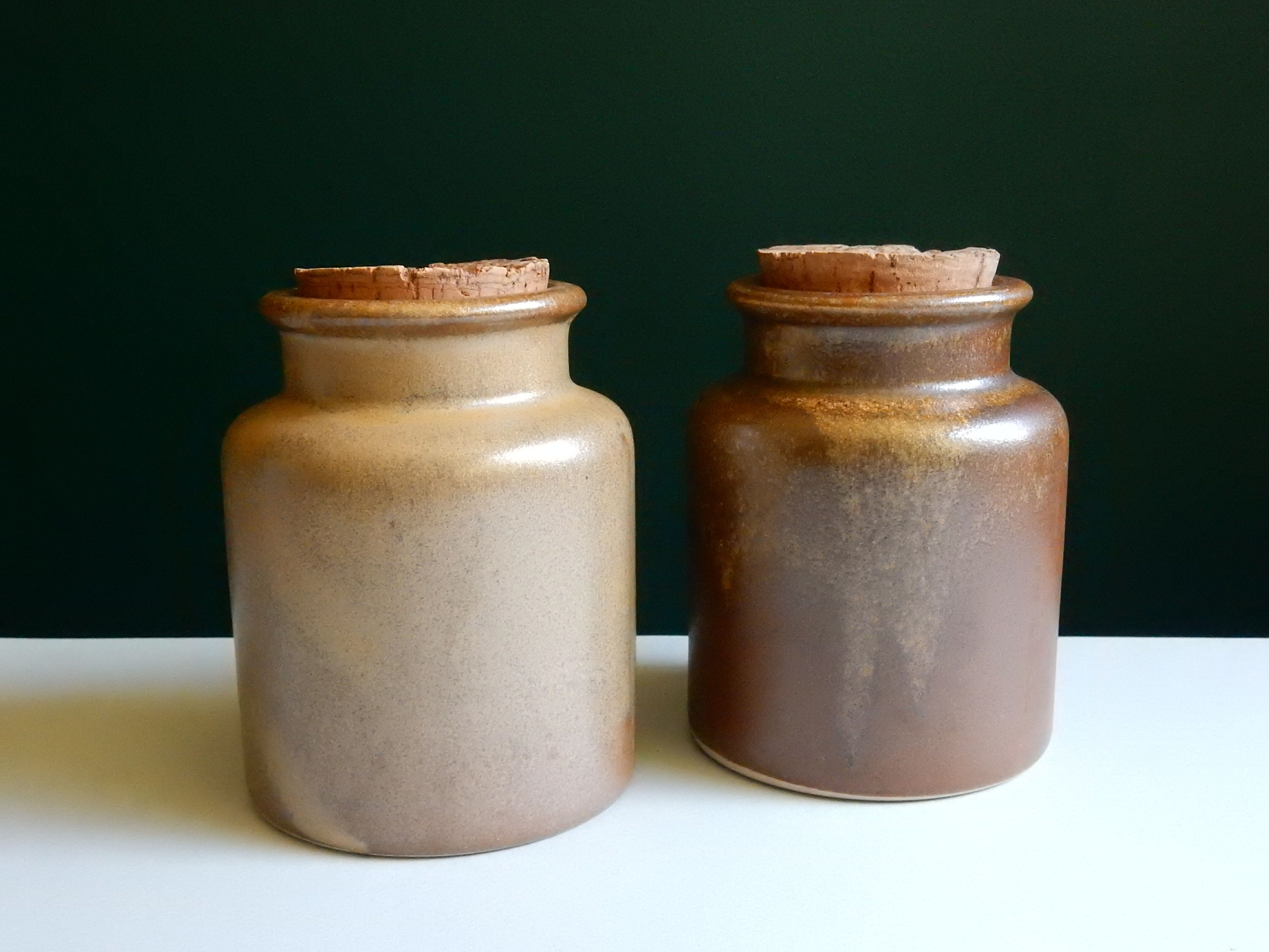 2 brown sandstone mustard pots
