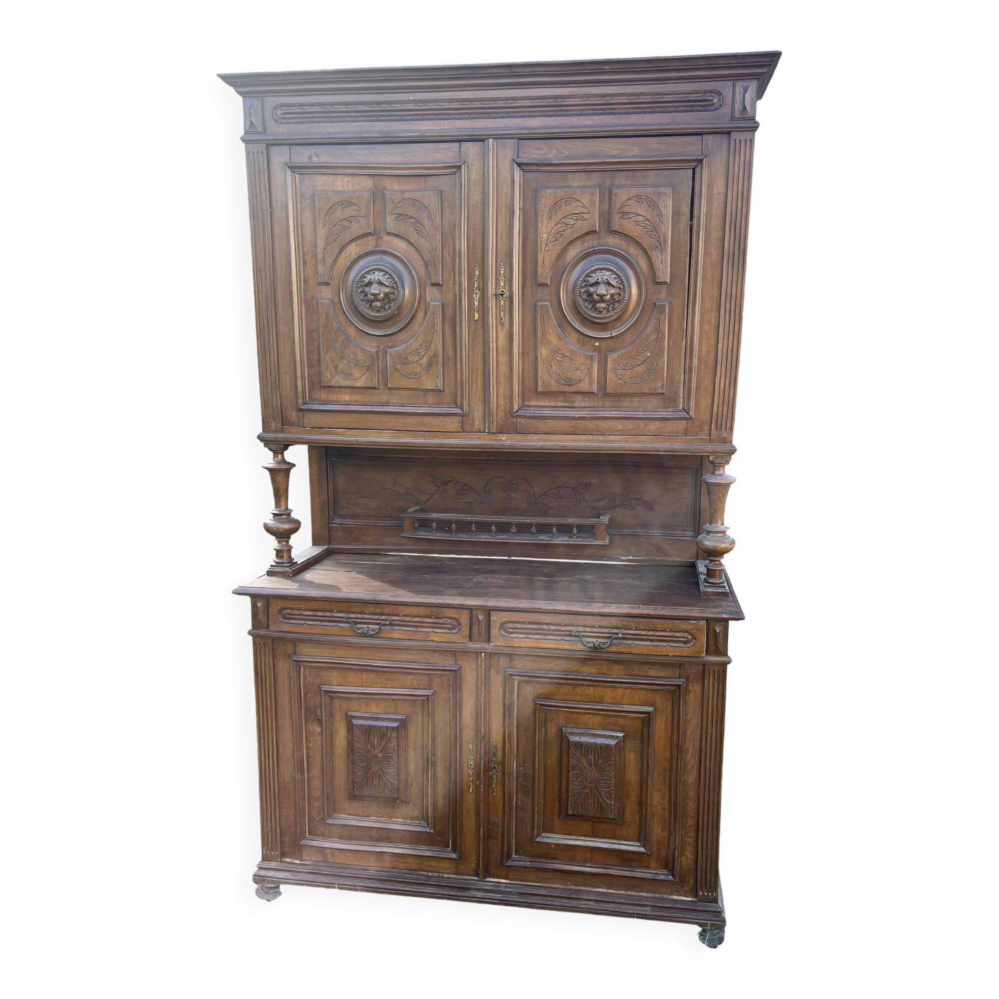 Large antique two-body buffet in wood - Carved dining room furniture