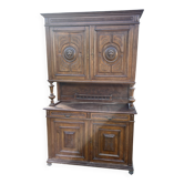 Grand buffet deux corps ancien en bois - Meuble de salle à manger sculpté a