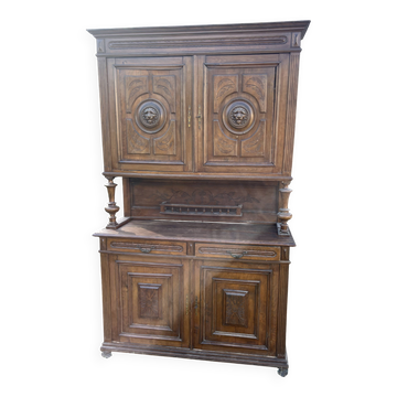 Grand buffet deux corps ancien en bois - Meuble de salle à manger sculpté a