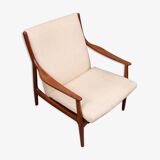 2 teak and ecru fabric armchairs, Denmark 1960