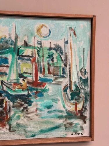 Original Swedish Oil on Canvas" Harbor" By Sven Sinde, Vintage & Framed 47×38cm