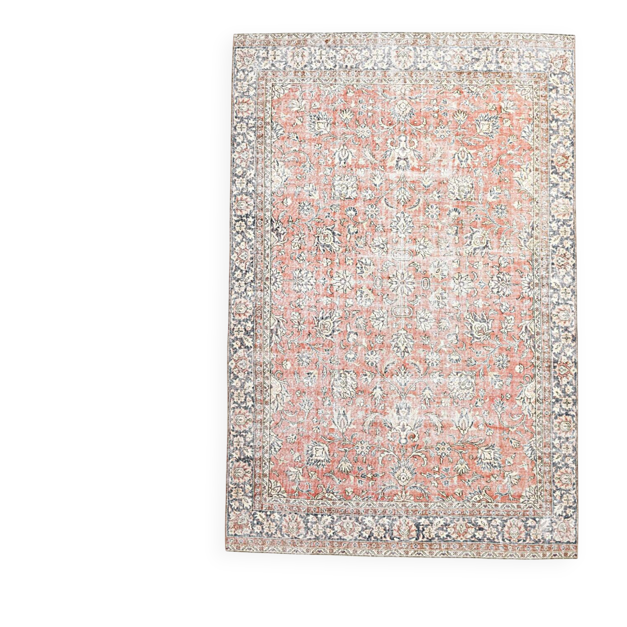 7x11 Salmon Pink & Blue Vintage Persian Rug, Large Floral Rustic Decor
