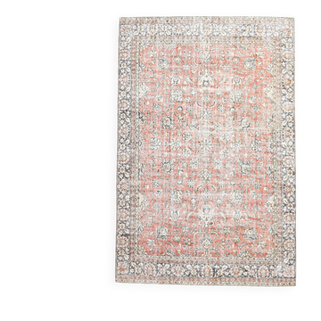 7x11 Salmon Pink & Blue Vintage Persian Rug, Large Floral Rustic Decor