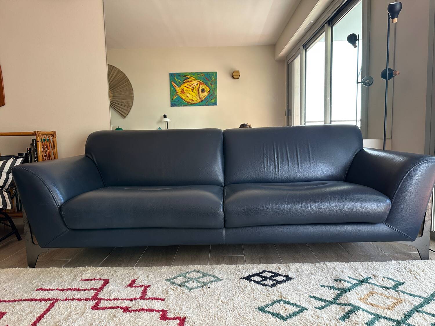 3-seater navy blue leather sofa Ligne Roset model Réflexion