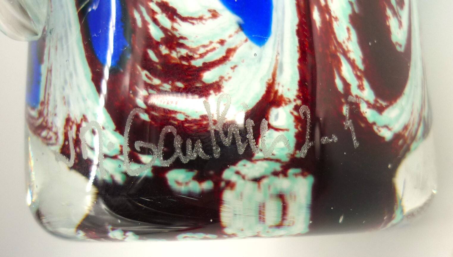 Vase, blown glass, inclusions, large neck, signed Jean Michel Gauthier 2005