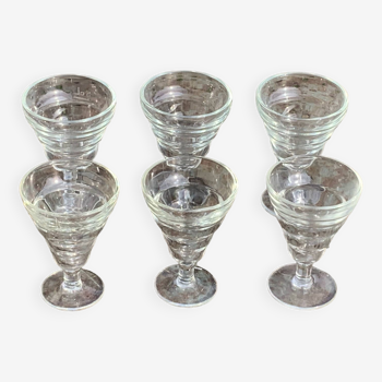 6 stemmed glasses, aperitif, port, old, in transparent ringed glass, stamped BVB France