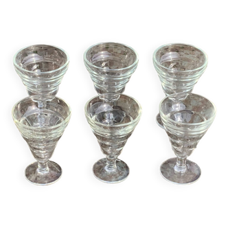 6 stemmed glasses, aperitif, port, old, in transparent ringed glass, stamped BVB France