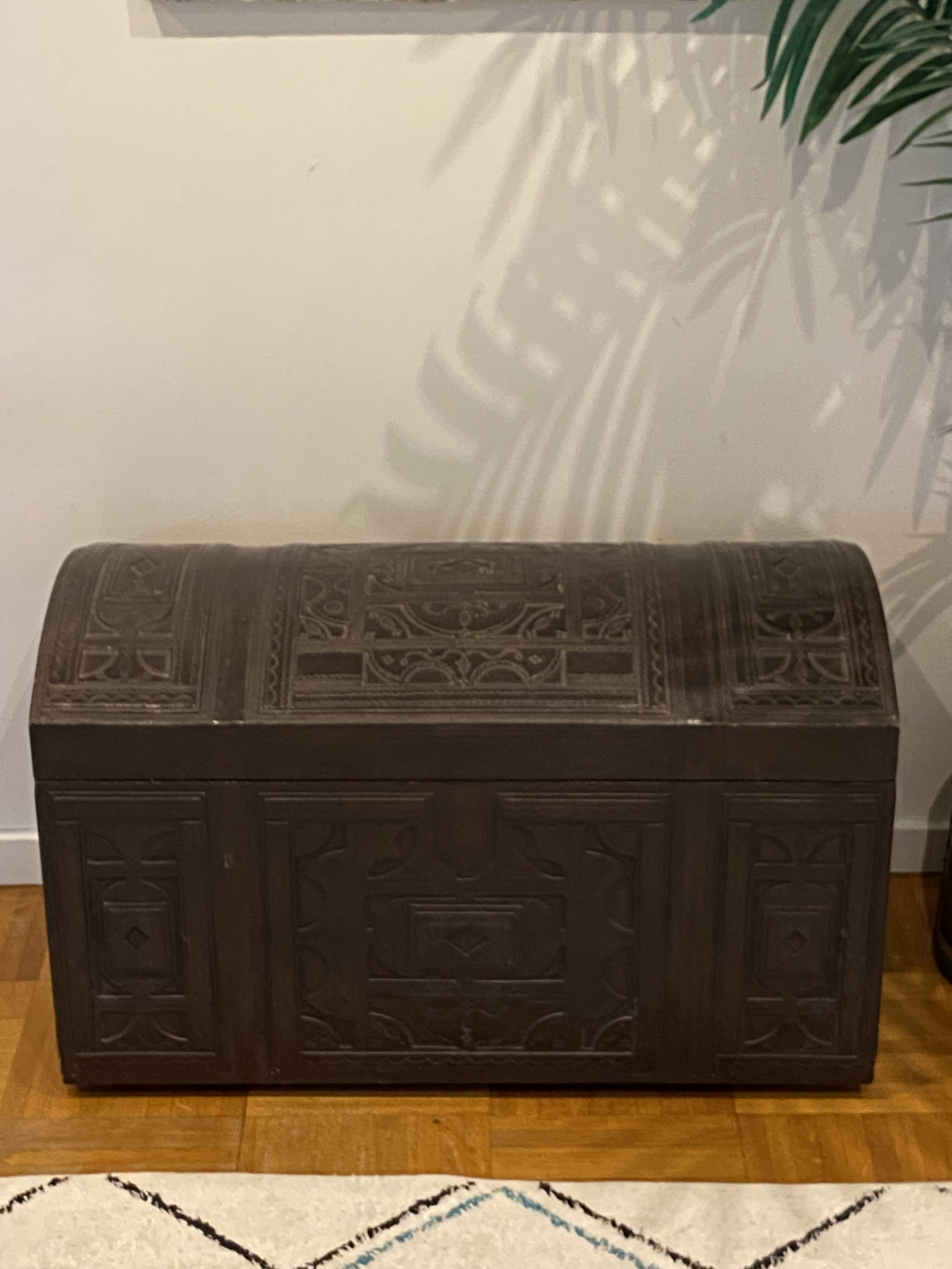 Brown leather and wood domed chest