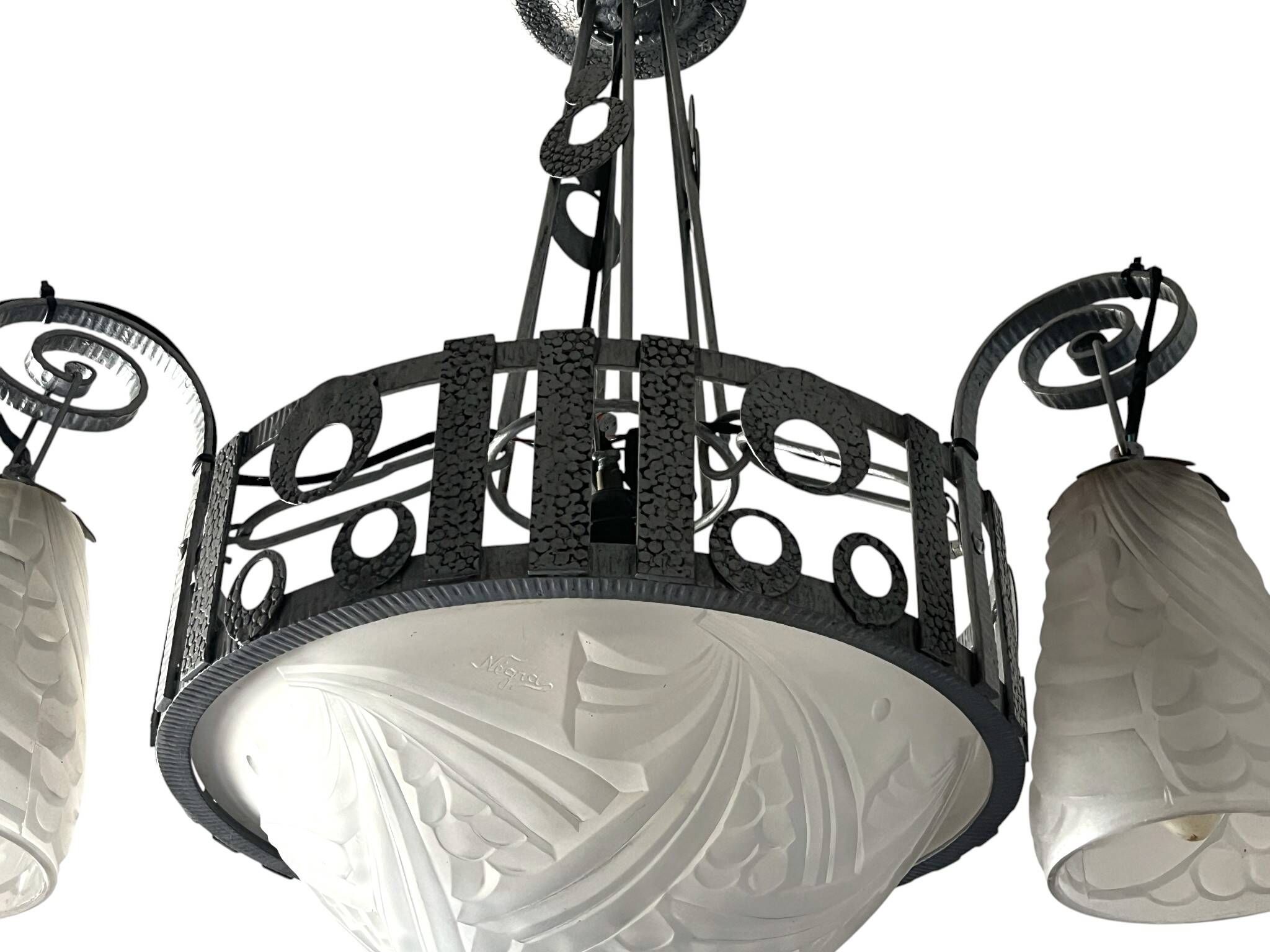 Art Deco, 4-light chandelier, wrought iron, pressed glass, Dugué Negra, circa 1930.