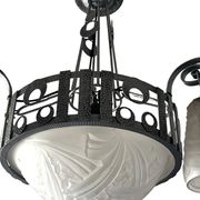 Art Deco, 4-light chandelier, wrought iron, pressed glass, Dugué Negra, circa 1930.