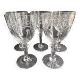 5 blown, cut and engraved crystal wine glasses