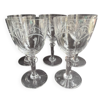 5 blown, cut and engraved crystal wine glasses