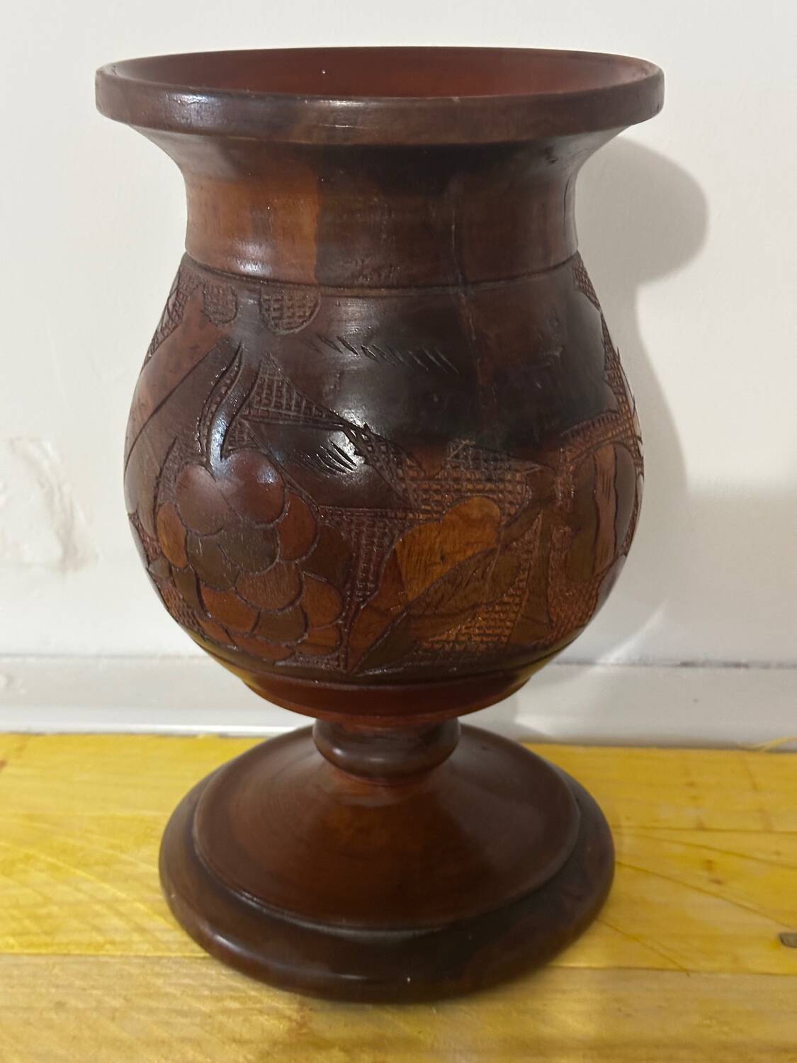 Vintage Turned and Carved Wooden Vase - Vine Decor H 28 cm