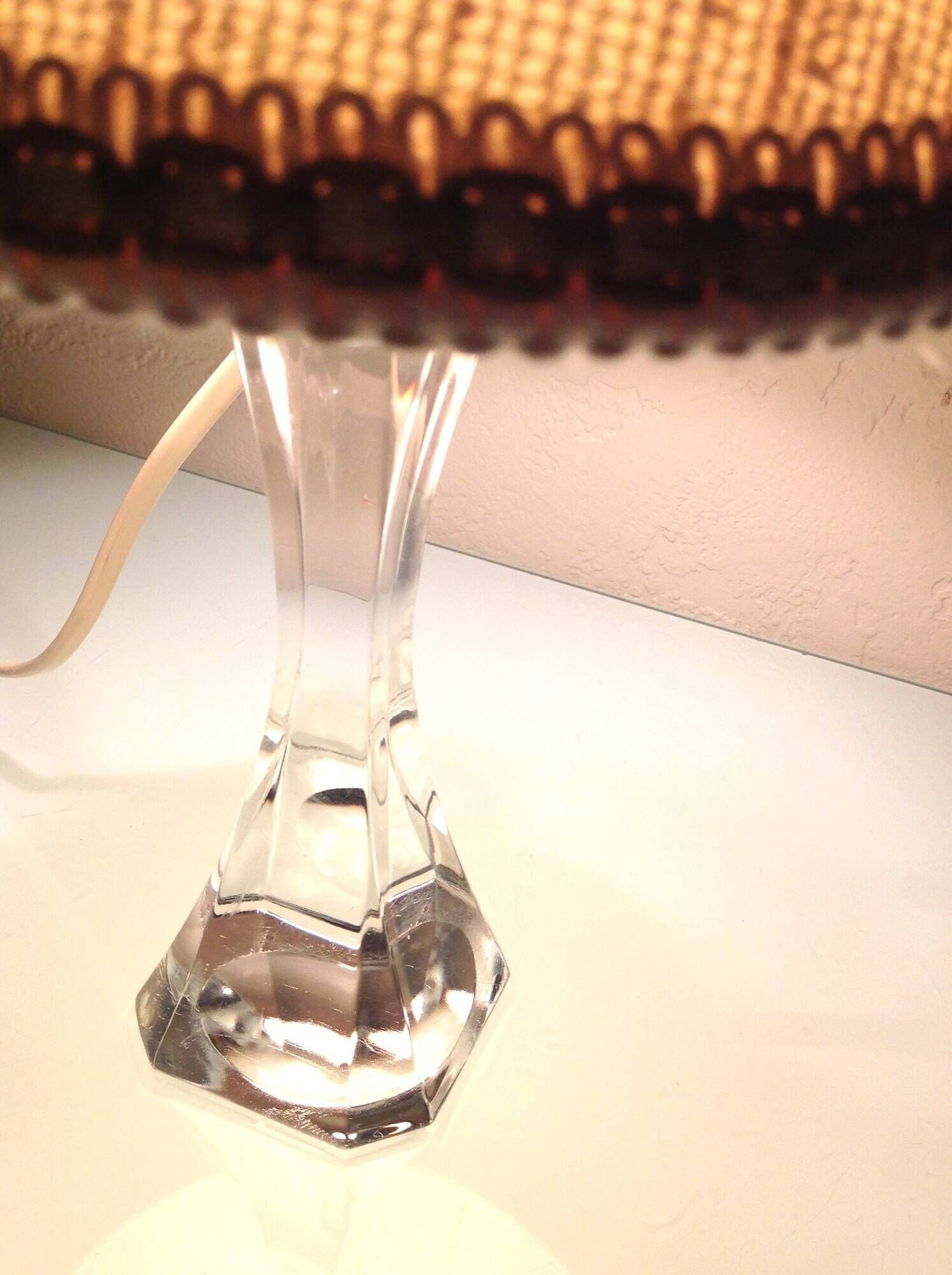 Bedside lamp with glass base and beige fabric lampshade / vintage 60s-70s