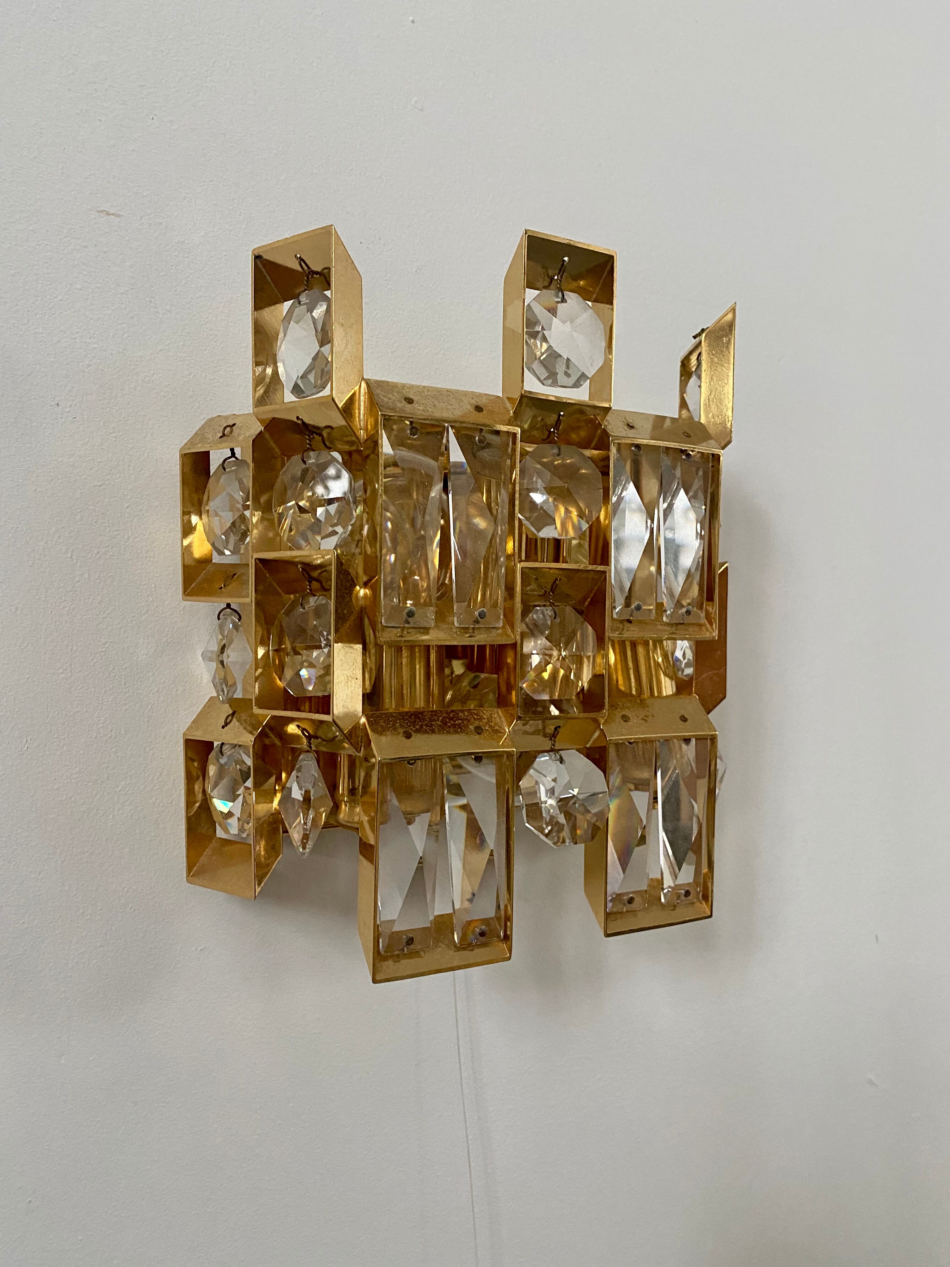 Set of 2 wall lamps gold crystal and brass Palwa Germany 1950