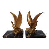 Pair of golden bird bookends on veined marble – Mid-Century vintage