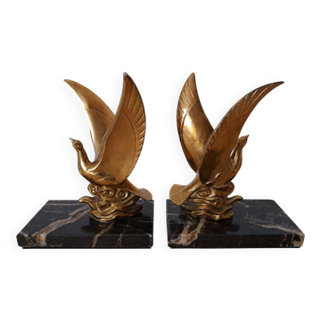 Paire de serre-livres oiseaux dorés sur marbre veiné – Mid-Century vintage