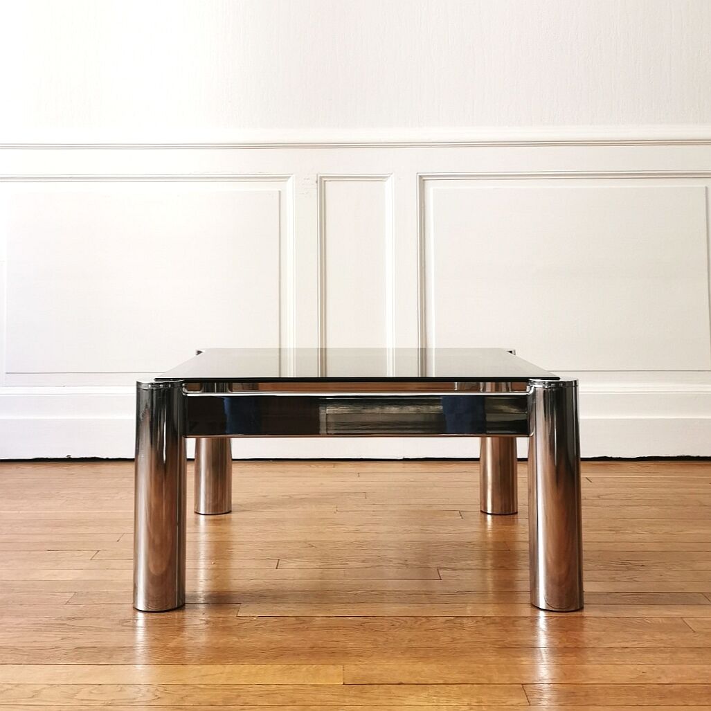 Square chrome and smoked glass coffee table, 1970