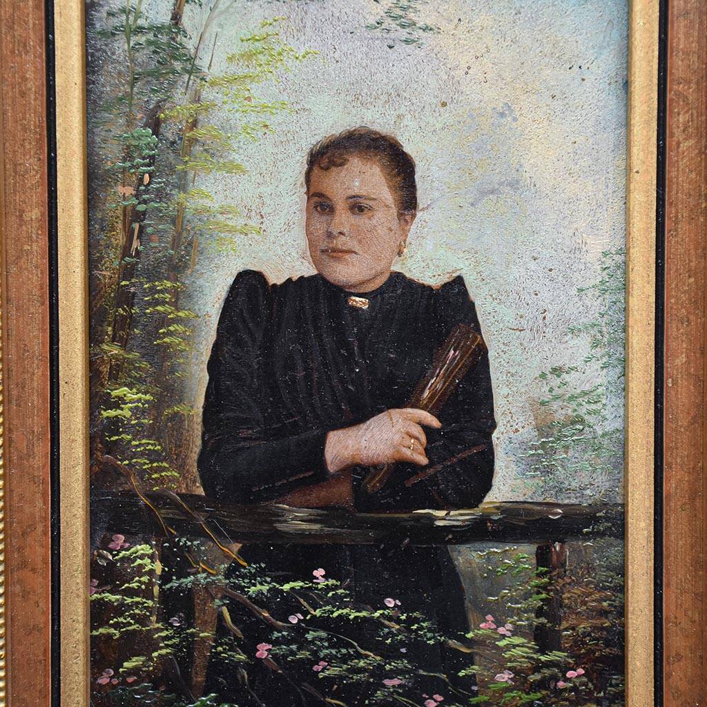 Oil painting portrait of a woman in the 19th century, old gilded frame