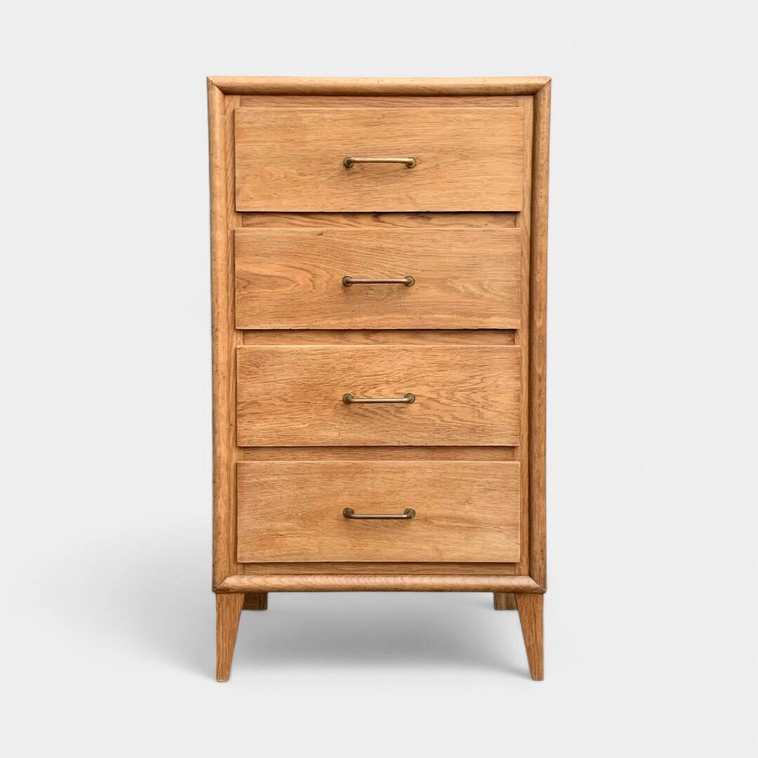 Chest of drawers with compass feet, raw wood, 1950s