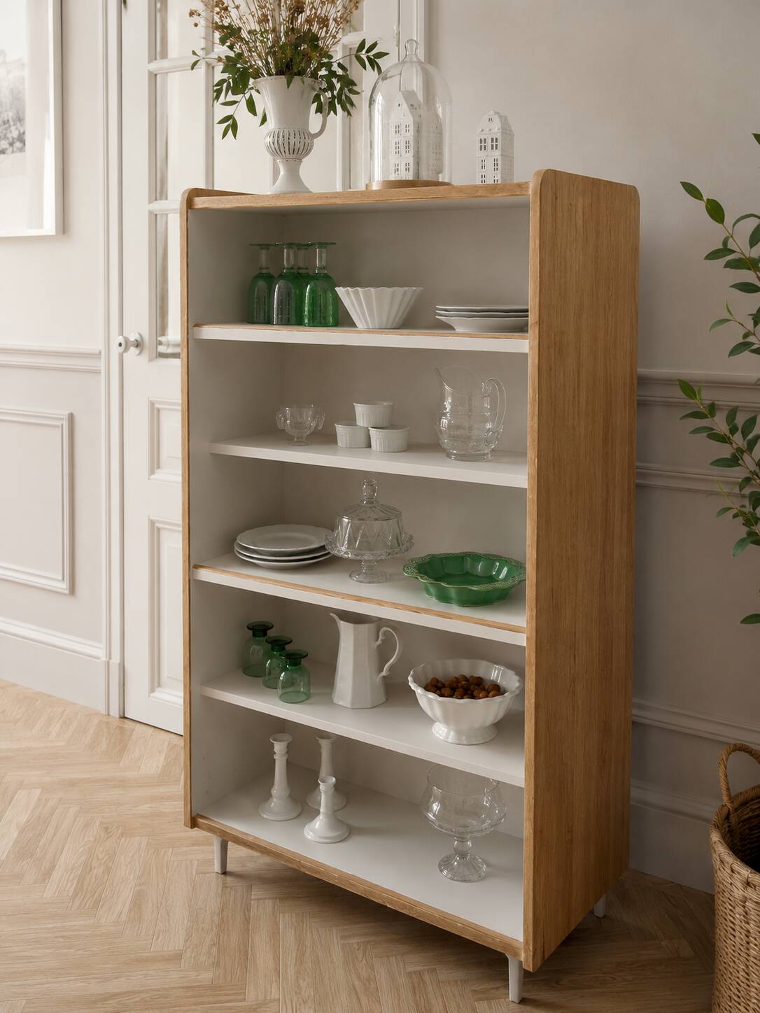 Vintage library in oak veneer, pearl grey interior, metal legs.