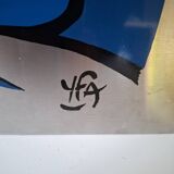 Silkscreen on brushed aluminium from the 1970s.