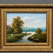 E.B. Michel "Paysage fluvial." Huile sur toile.