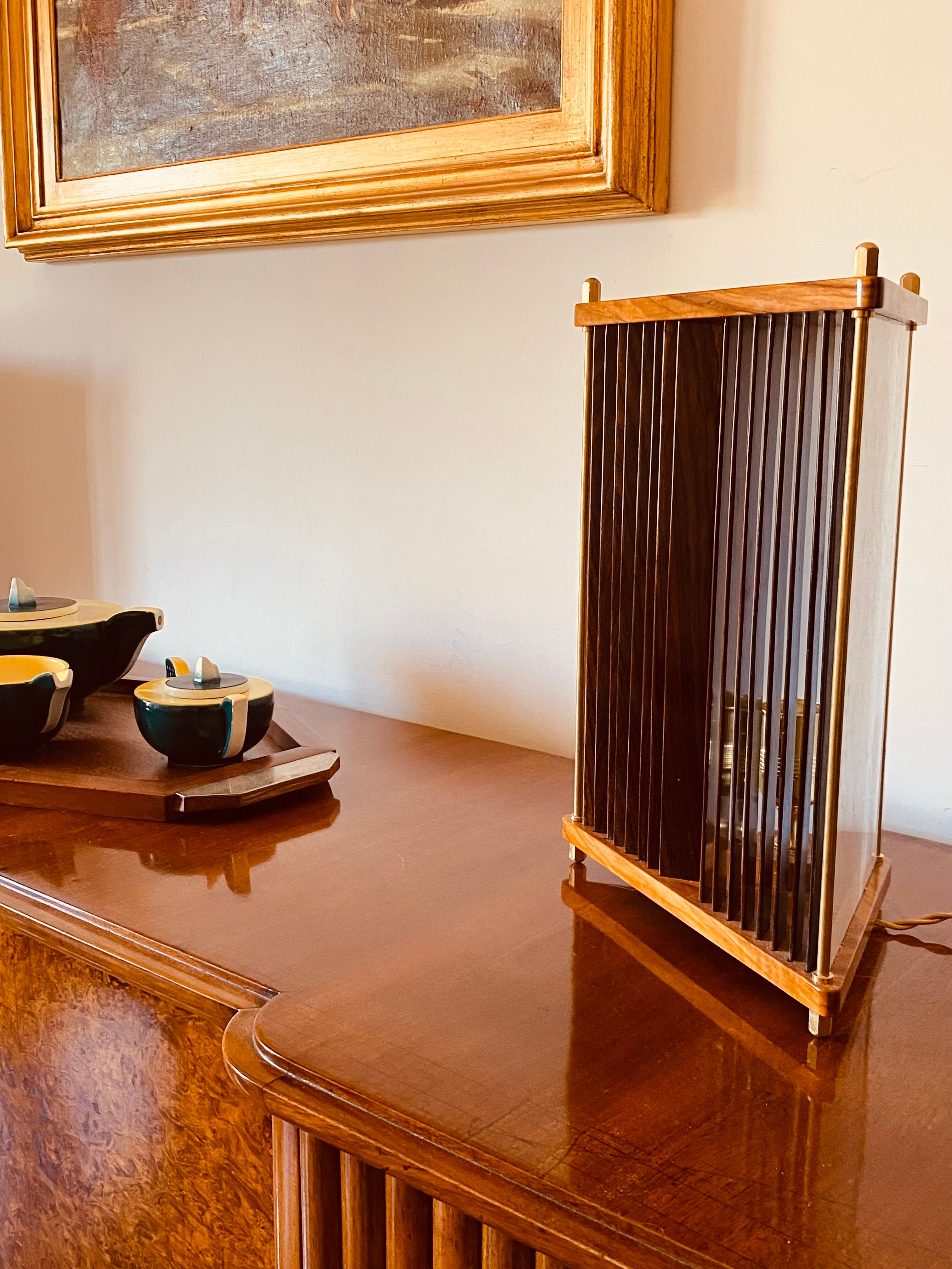Leonardo Mosso 2 palisander and brass table lamps, Italy 1970s