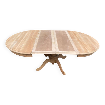 Table à manger ronde pied central extensible décapée en noyer massif 2 rall