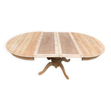 Table à manger ronde pied central extensible décapée en noyer massif 2 rall