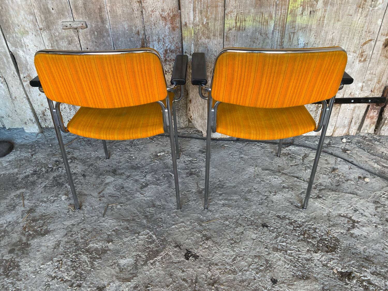 Pair of Vintage 1970s Chrome Metal Armchairs with Orange Fabric and Wood