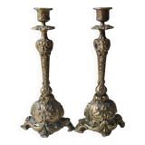 Pair of Antique Flambeaux Candlesticks/Baroque Style, Rocaille. In gilded bronze. 19th century
