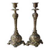 Paire de Bougeoirs Flambeaux Antiques/Style Baroque, Rocaille. En bronze doré. XIXème