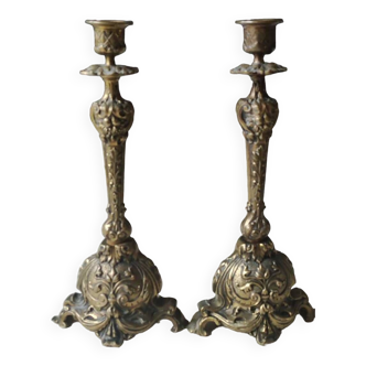 Pair of Antique Flambeaux Candlesticks/Baroque Style, Rocaille. In gilded bronze. 19th century