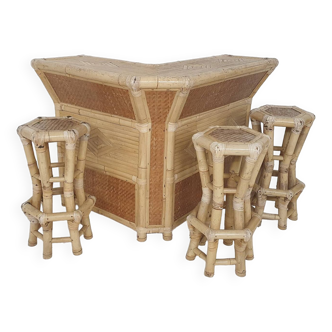 Mid-century bamboo tiki bar and stools, 1970's