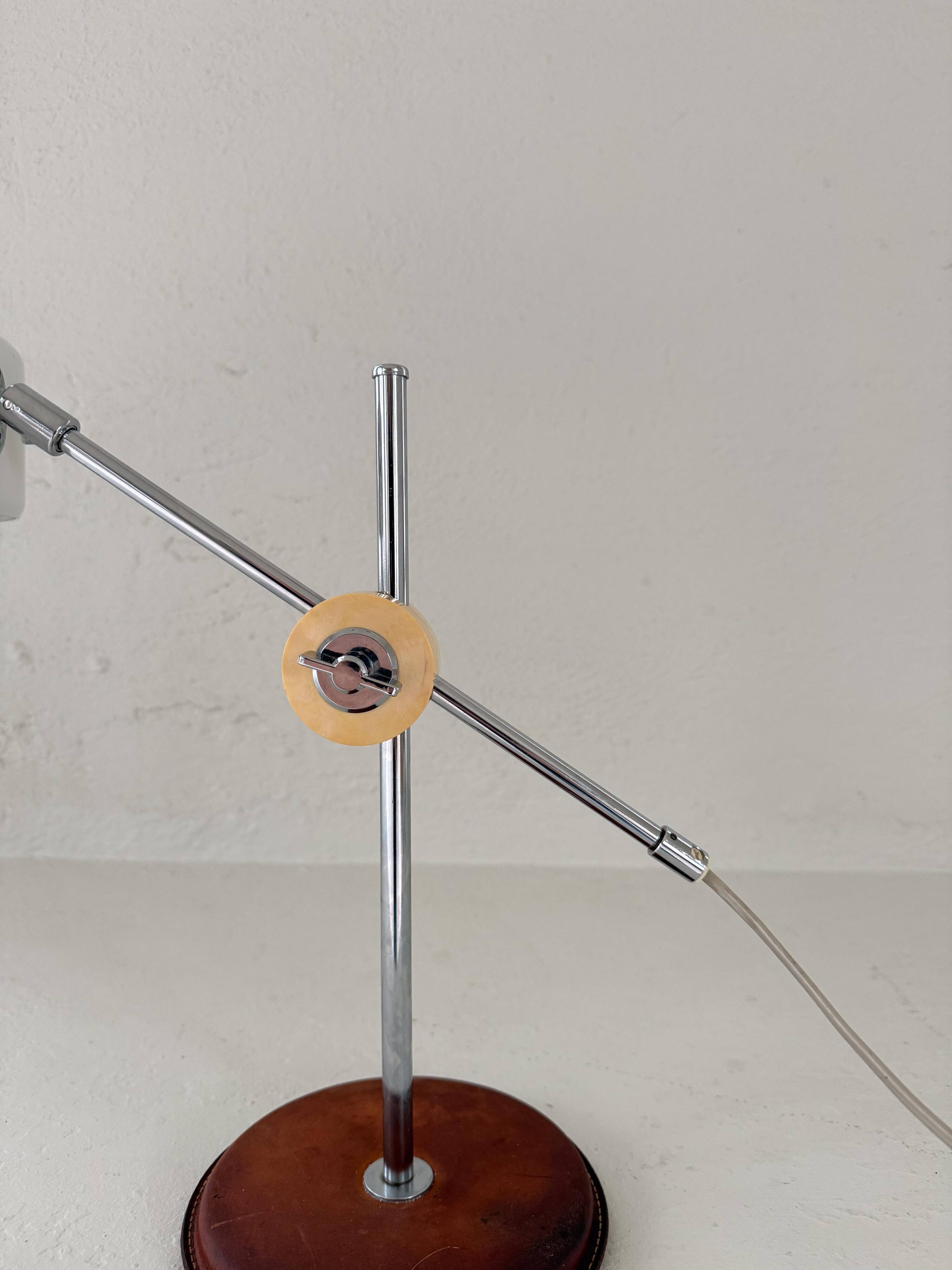 Vintage Midcentury desk lamp in brown leather and chrome Atelje Lyktan, Sweden