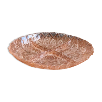 Plat apéritif vintage en verre rose ciselé