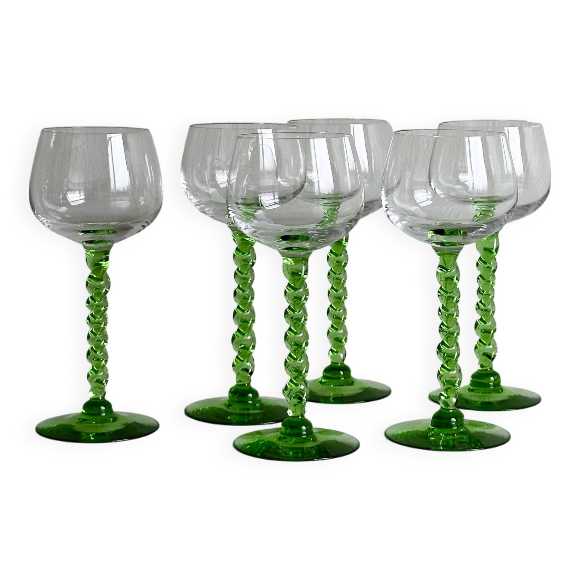 6 transparent green twisted stemmed glasses