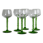 6 transparent green twisted stemmed glasses