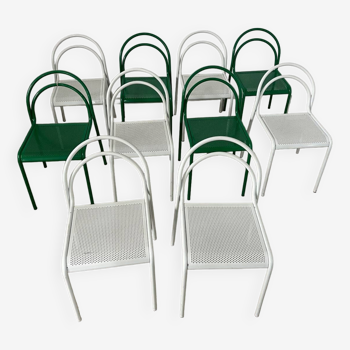 Set of 10 tubular metal indoor outdoor design chairs from the 80s