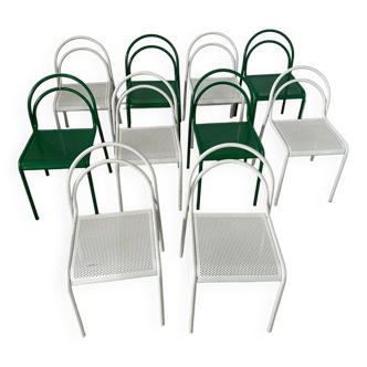 Set of 10 tubular metal indoor outdoor design chairs from the 80s