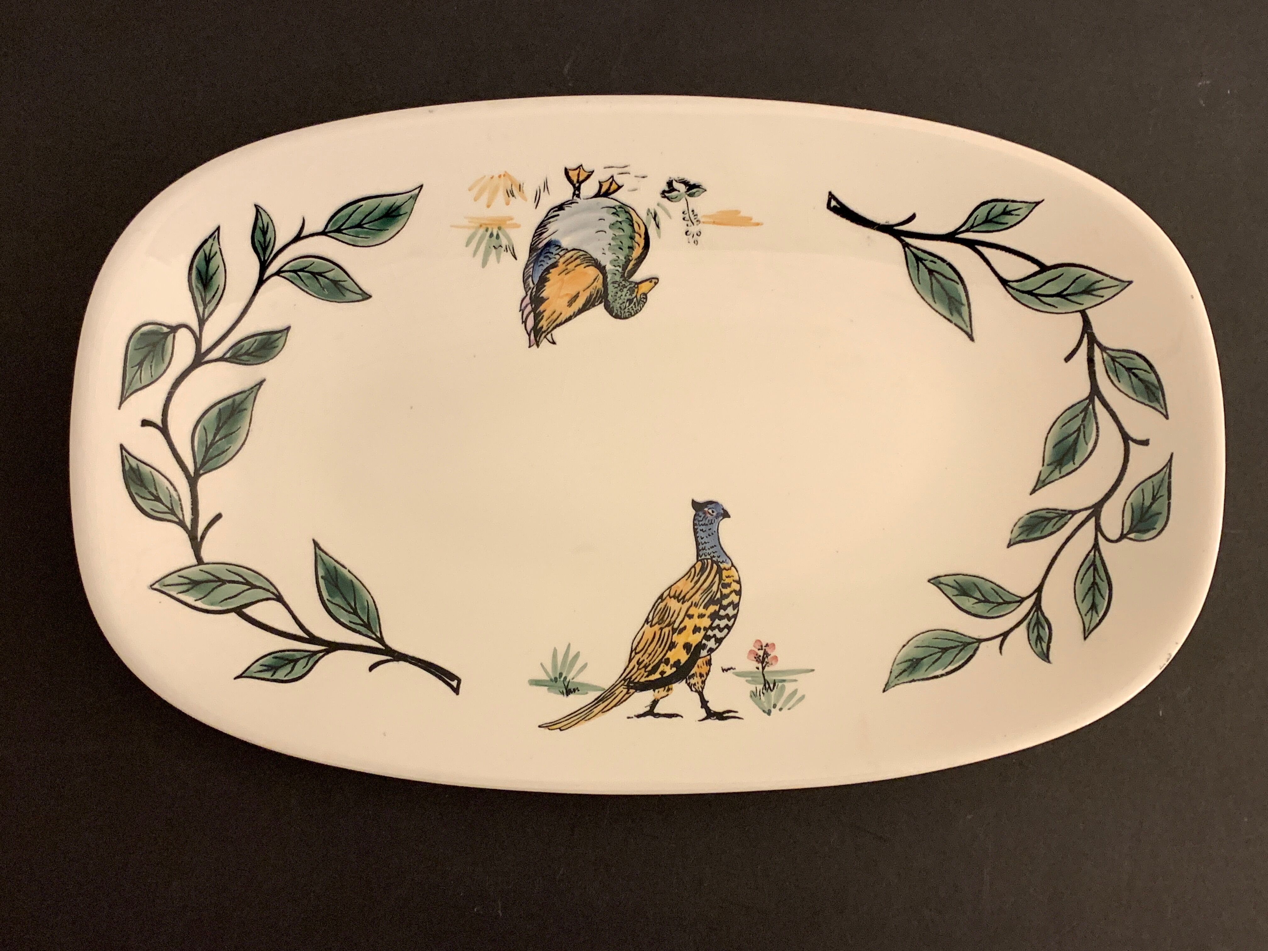Gien hunting dish decorated with pheasant and duck, 1970
