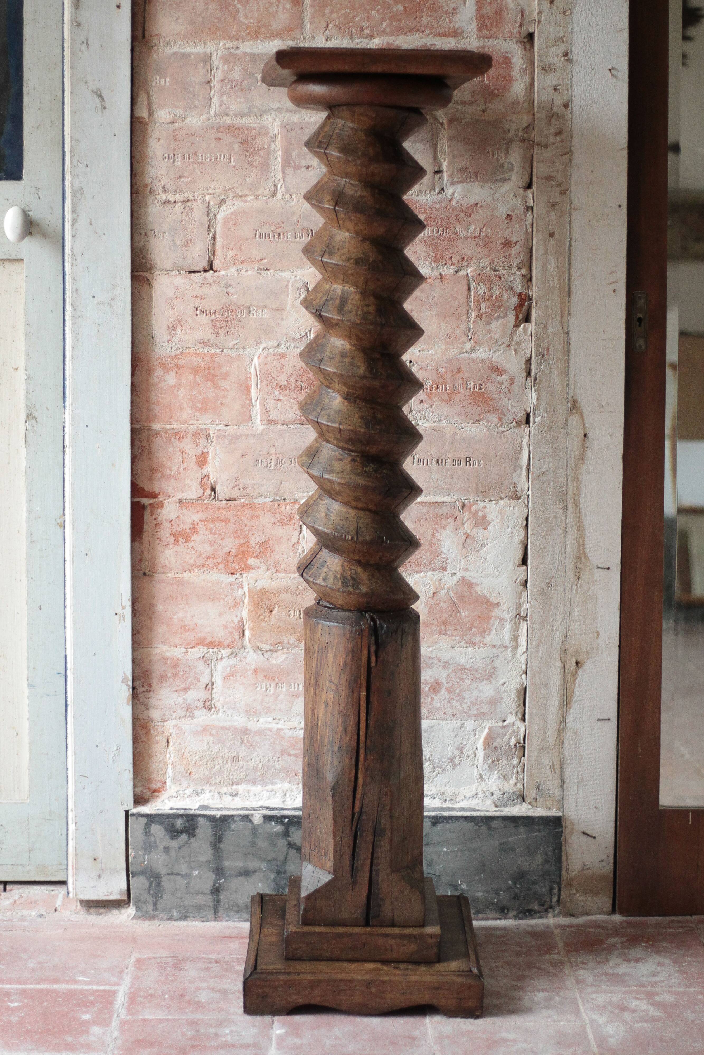 Vintage turned wooden press screw column