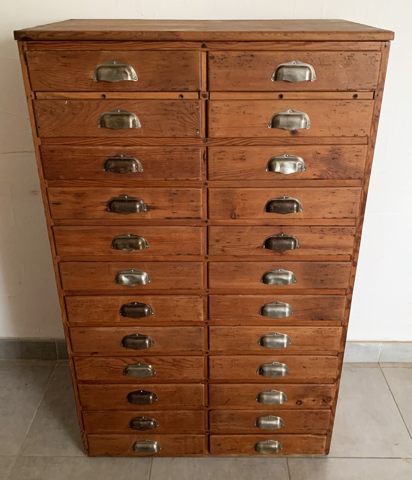 Old apothecary trade furniture in vintage wood 24 drawers.