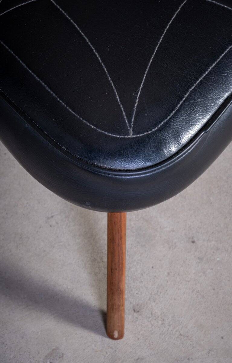 Mid-Century Teak Stool with Black Leather Seat, Denmark, 1960s