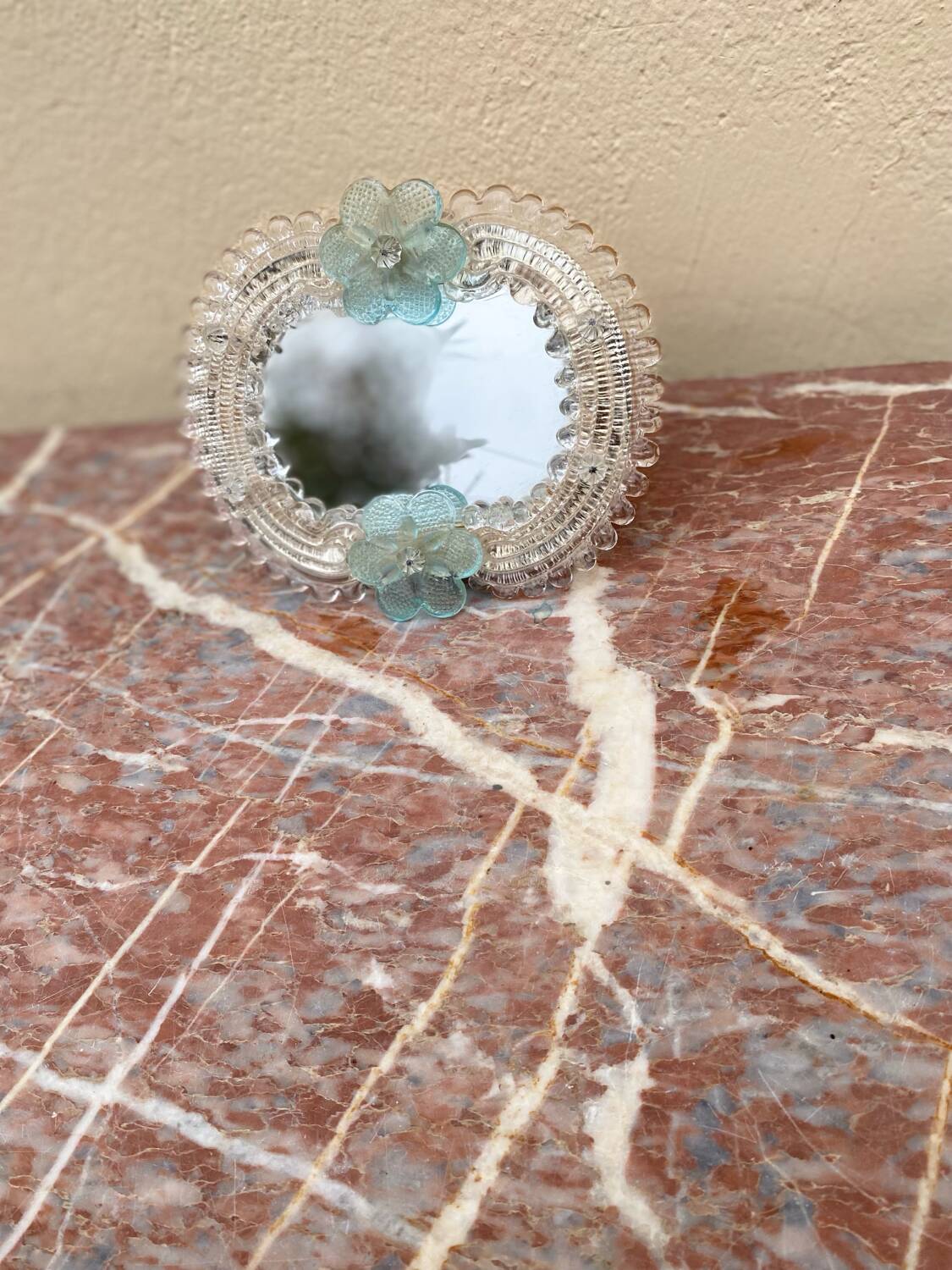 Venetian Murano mirror to stand or hang with blown flower decoration and friezes