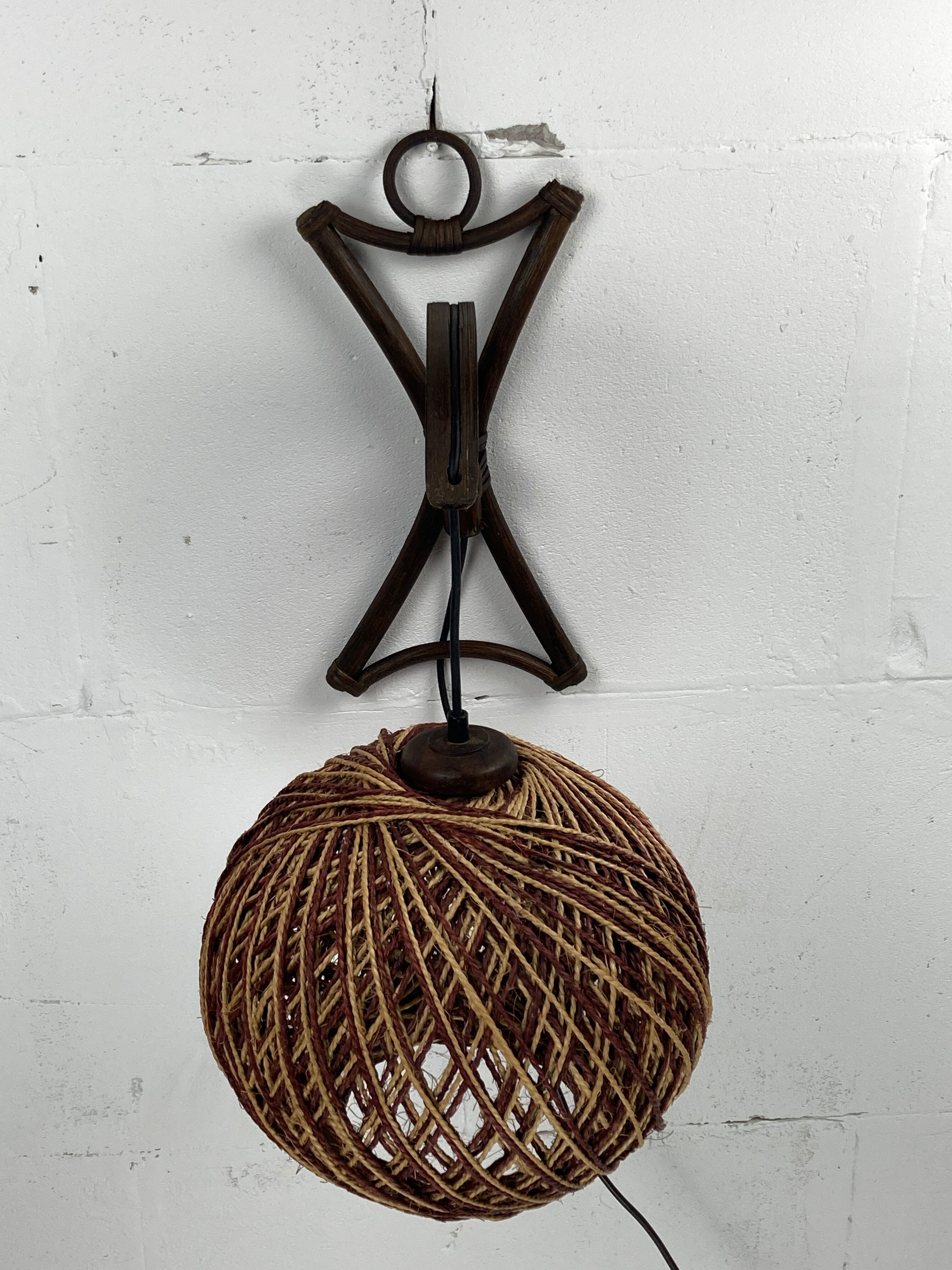 Rattan bamboo and rope sisal wall lamp, Dutch 1960s