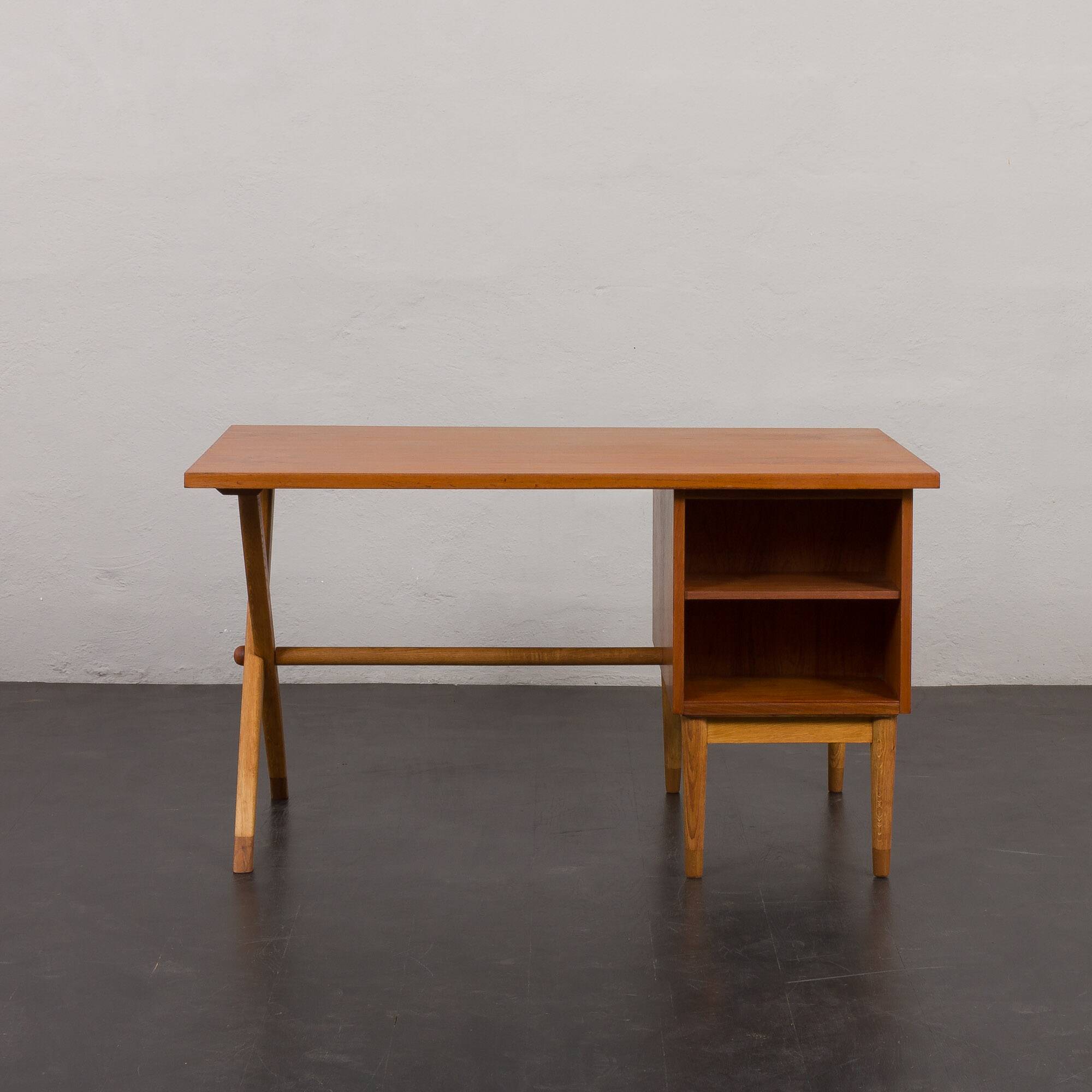 Teak and oak double-sided desk with X-shaped legs