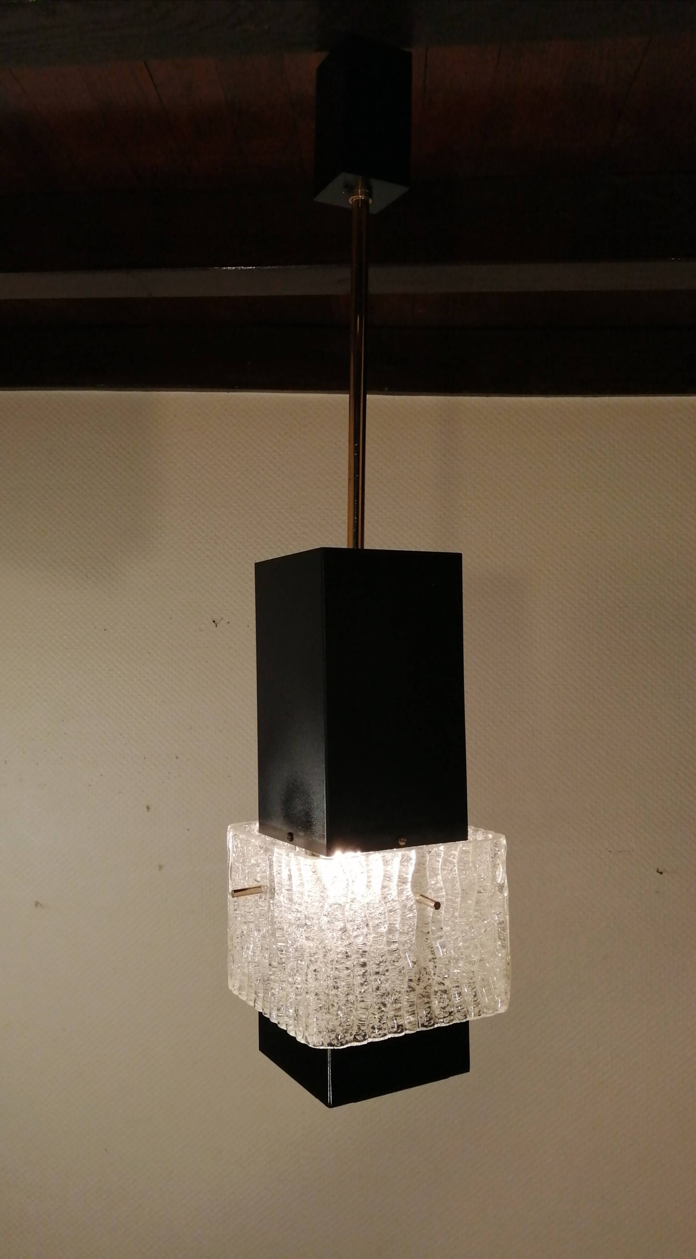 Vintage metal and glass cubic chandelier from Maison Arlus 1960.